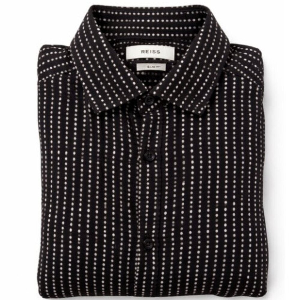 Reiss Black White Button-Down Shirt dot Striped Slim fit size medium Workwear